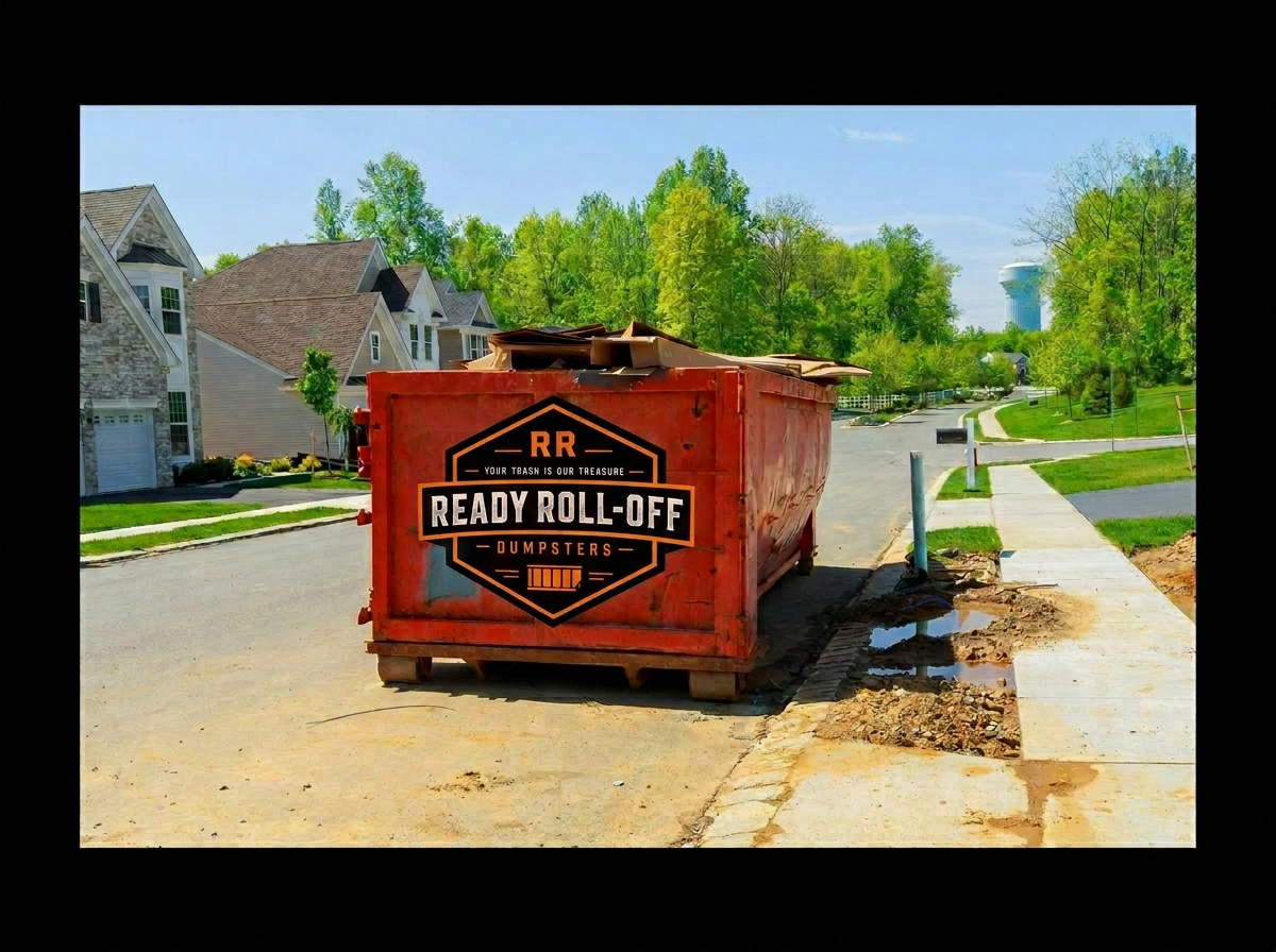 Contractor on phone next to orange dumpster truck