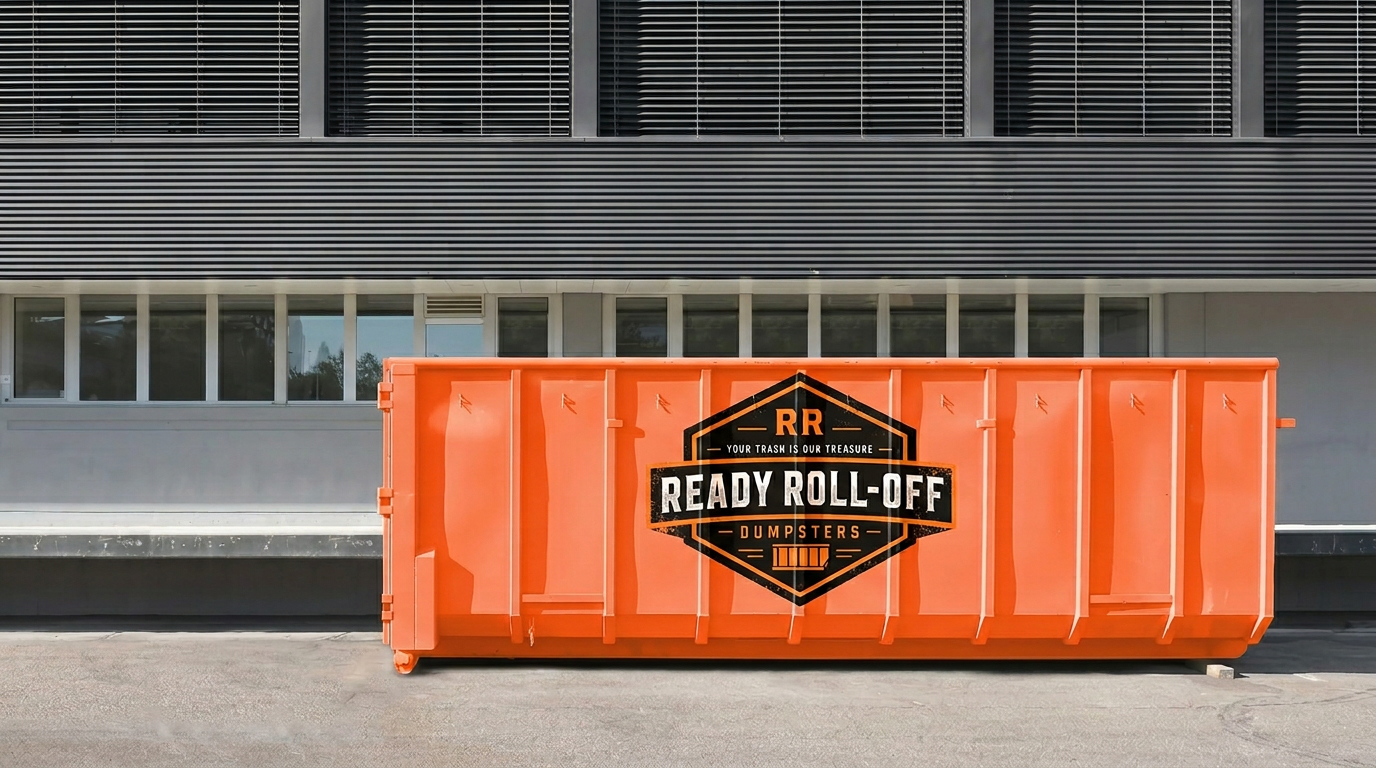 Orange roll-off dumpster on a Leavenworth driveway